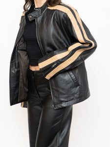 Vintage x DANIER Black & Beige Striped Leather Biker Jacket (S-L)