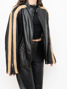 Vintage x DANIER Black & Beige Striped Leather Biker Jacket (S-L)