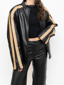 Vintage x DANIER Black & Beige Striped Leather Biker Jacket (S-L)
