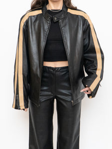 Vintage x DANIER Black & Beige Striped Leather Biker Jacket (S-L)