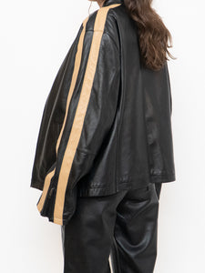 Vintage x DANIER Black & Beige Striped Leather Biker Jacket (S-L)