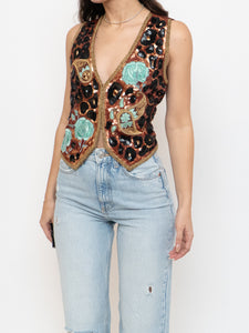 Vintage x Leopard Patterned Silk Beaded Vest (S, M)