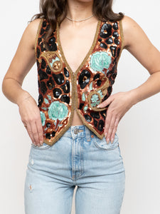 Vintage x Leopard Patterned Silk Beaded Vest (S, M)