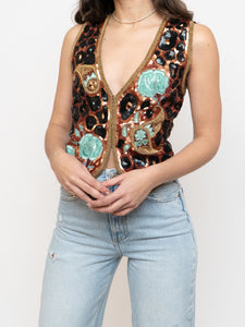 Vintage x Leopard Patterned Silk Beaded Vest (S, M)