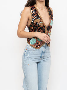 Vintage x Leopard Patterned Silk Beaded Vest (S, M)