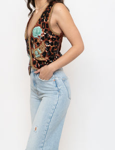 Vintage x Leopard Patterned Silk Beaded Vest (S, M)