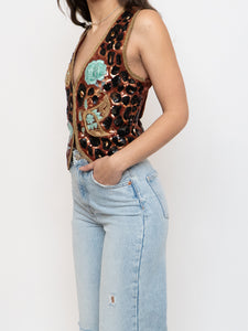 Vintage x Leopard Patterned Silk Beaded Vest (S, M)