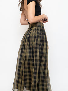Vintage x Made in USA x Black & Gold Plaid Silk Maxi Skirt (XS-M)