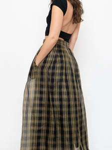 Vintage x Made in USA x Black & Gold Plaid Silk Maxi Skirt (XS-M)