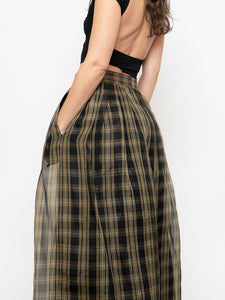 Vintage x Made in USA x Black & Gold Plaid Silk Maxi Skirt (XS-M)
