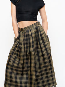 Vintage x Made in USA x Black & Gold Plaid Silk Maxi Skirt (XS-M)