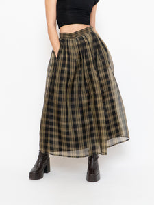 Vintage x Made in USA x Black & Gold Plaid Silk Maxi Skirt (XS-M)