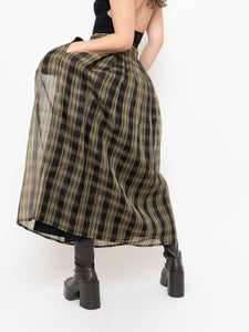 Vintage x Made in USA x Black & Gold Plaid Silk Maxi Skirt (XS-M)