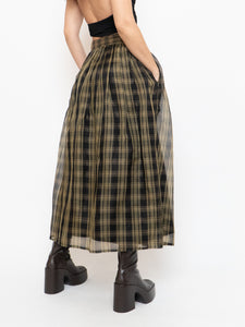 Vintage x Made in USA x Black & Gold Plaid Silk Maxi Skirt (XS-M)