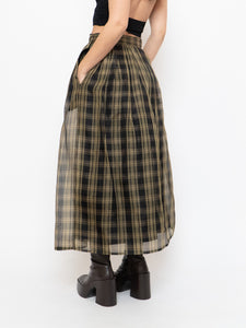 Vintage x Made in USA x Black & Gold Plaid Silk Maxi Skirt (XS-M)