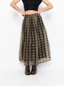 Vintage x Made in USA x Black & Gold Plaid Silk Maxi Skirt (XS-M)