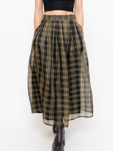 Vintage x Made in USA x Black & Gold Plaid Silk Maxi Skirt (XS-M)