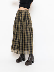 Vintage x Made in USA x Black & Gold Plaid Silk Maxi Skirt (XS-M)