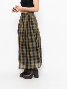 Vintage x Made in USA x Black & Gold Plaid Silk Maxi Skirt (XS-M)