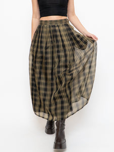 Vintage x Made in USA x Black & Gold Plaid Silk Maxi Skirt (XS-M)