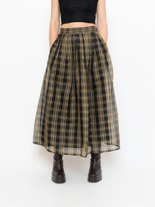 Vintage x Made in USA x Black & Gold Plaid Silk Maxi Skirt (XS-M)