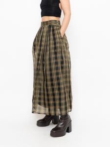 Vintage x Made in USA x Black & Gold Plaid Silk Maxi Skirt (XS-M)