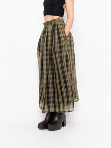 Vintage x Made in USA x Black & Gold Plaid Silk Maxi Skirt (XS-M)