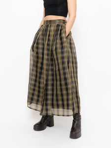 Vintage x Made in USA x Black & Gold Plaid Silk Maxi Skirt (XS-M)