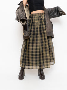 Vintage x Made in USA x Black & Gold Plaid Silk Maxi Skirt (XS-M)