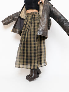 Vintage x Made in USA x Black & Gold Plaid Silk Maxi Skirt (XS-M)