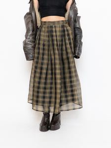 Vintage x Made in USA x Black & Gold Plaid Silk Maxi Skirt (XS-M)