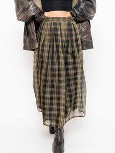 Vintage x Made in USA x Black & Gold Plaid Silk Maxi Skirt (XS-M)