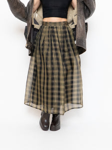 Vintage x Made in USA x Black & Gold Plaid Silk Maxi Skirt (XS-M)