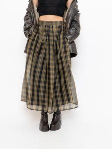 Vintage x Made in USA x Black & Gold Plaid Silk Maxi Skirt (XS-M)