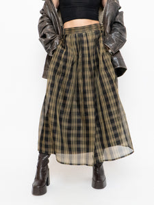 Vintage x Made in USA x Black & Gold Plaid Silk Maxi Skirt (XS-M)