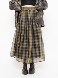 Vintage x Made in USA x Black & Gold Plaid Silk Maxi Skirt (XS-M)