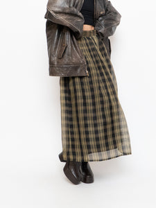 Vintage x Made in USA x Black & Gold Plaid Silk Maxi Skirt (XS-M)