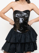 Load image into Gallery viewer, BETSEY JOHNSON x Black Strapless Satin &amp; Sequin Pleated Mini Dress (S, M)