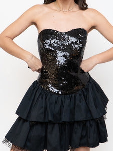 BETSEY JOHNSON x Black Strapless Satin & Sequin Pleated Mini Dress (S, M)