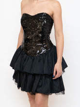 Load image into Gallery viewer, BETSEY JOHNSON x Black Strapless Satin &amp; Sequin Pleated Mini Dress (S, M)
