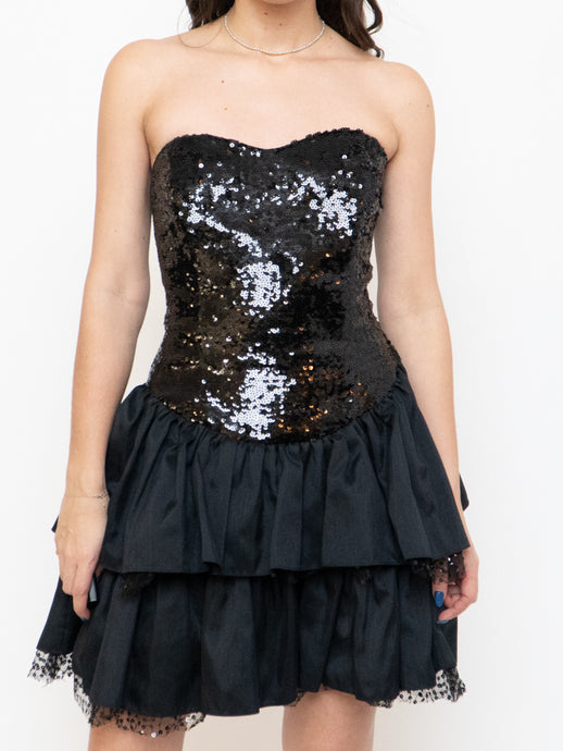 BETSEY JOHNSON x Black Strapless Satin & Sequin Pleated Mini Dress (S, M)