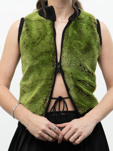 Vintage x Black, Green Faux Fur Double-Zip Knit Vest (M)