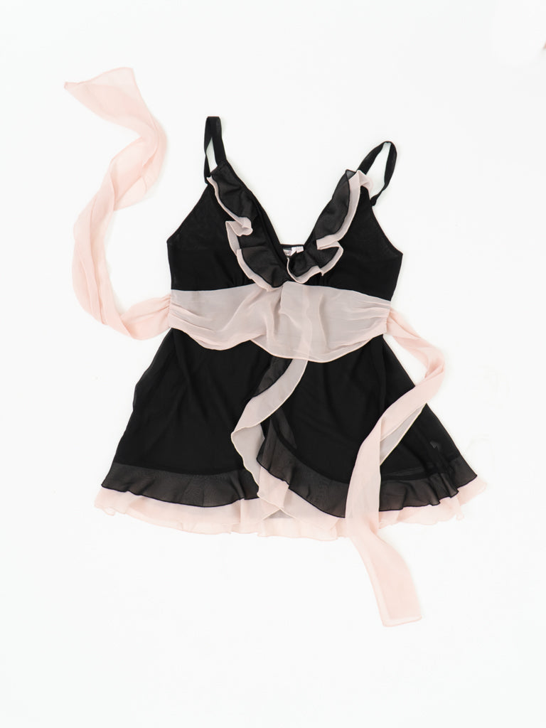 Vintage x LA SENZA Black, Pink Sheer Frilly Slip Dress (L, XL)