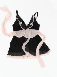 Vintage x LA SENZA Black, Pink Sheer Frilly Slip Dress (L, XL)