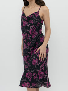 Vintage x Black, Pink Rose Cowl Neck Dress (L)