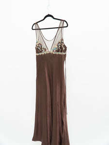 Vintage x LINDA Brown Floral Satin Mesh Dress (M, L)