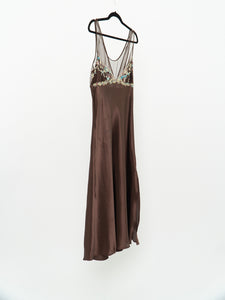 Vintage x LINDA Brown Floral Satin Mesh Dress (M, L)