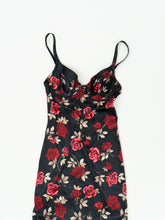 Load image into Gallery viewer, Vintage x Made in Canada x Black Rose Satin Bodycon Slip Dress (XS, S)