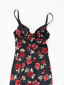 Vintage x Made in Canada x Black Rose Satin Bodycon Slip Dress (XS, S)