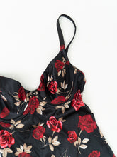 Load image into Gallery viewer, Vintage x Made in Canada x Black Rose Satin Bodycon Slip Dress (XS, S)